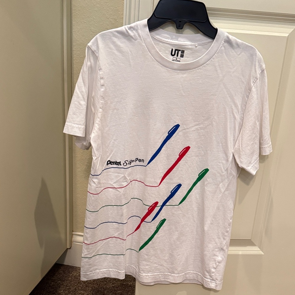 White T-Shirt with Colorful Pen Design